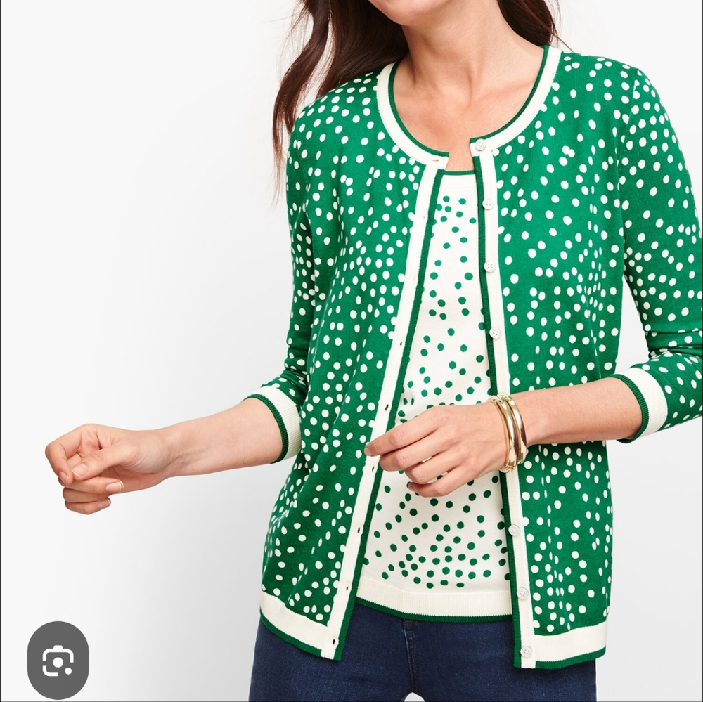 Talbots Charming Cardigan Womens M‎ Green White Polka Dots Quiet Luxury Office